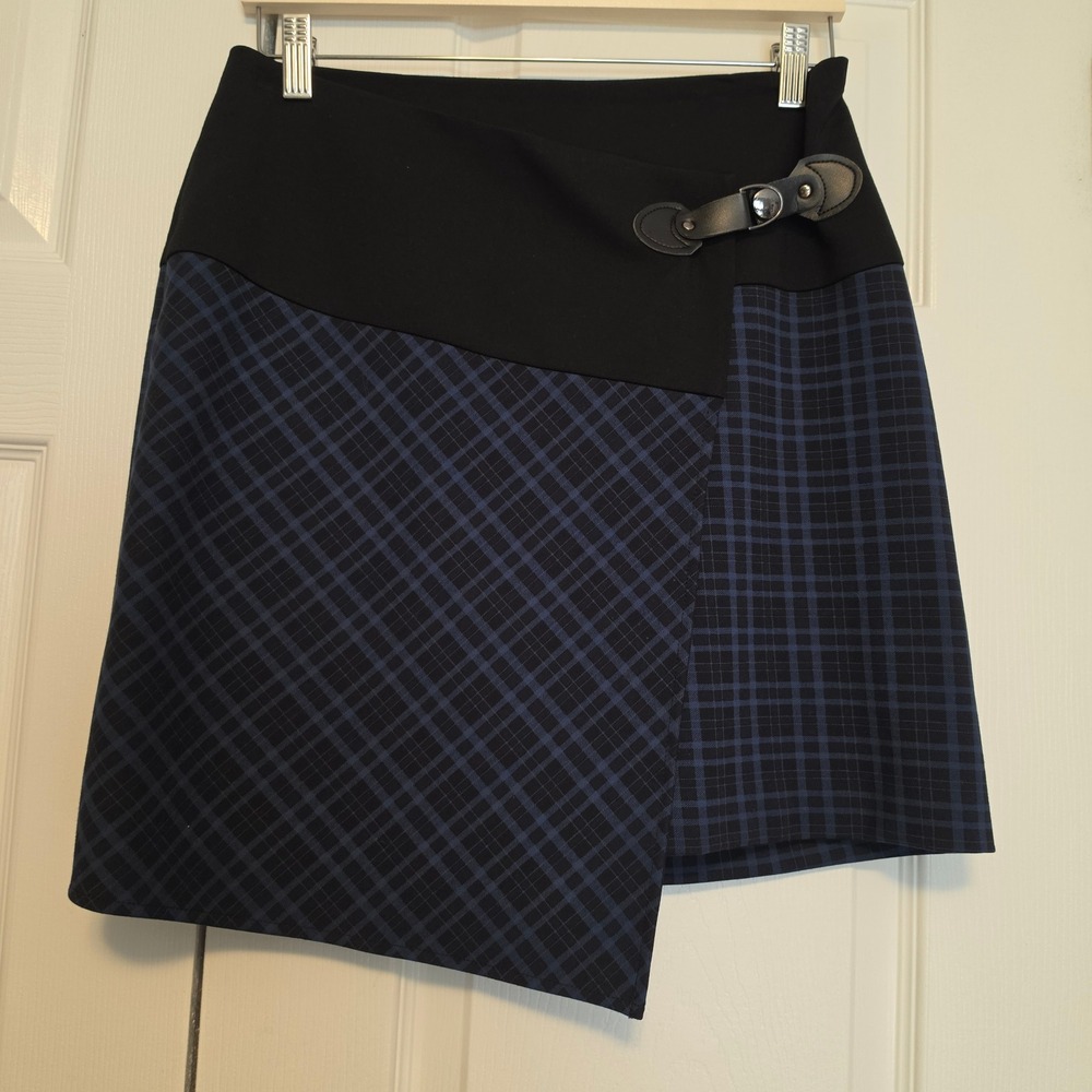 Tristan Plaid Asymmetric Faux Buckle Wrap Mini Skirt Navy Black Size Small